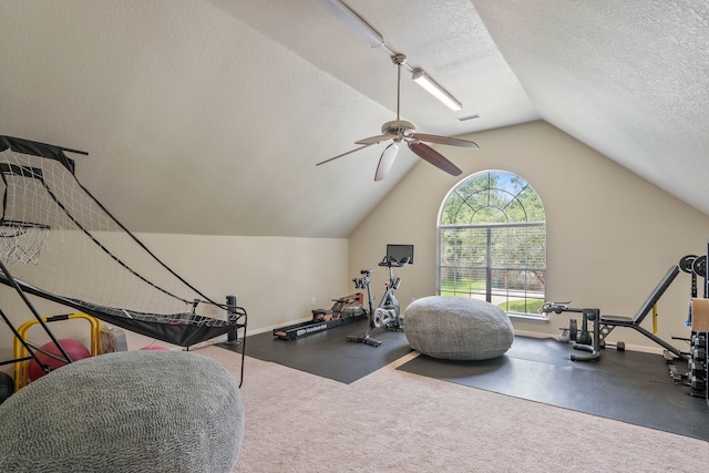 23 Murmuring Creek Pl, The Woodlands, TX 77385 - exercise room with ceiling fan, a textured ceiling, and vaulted ceiling
