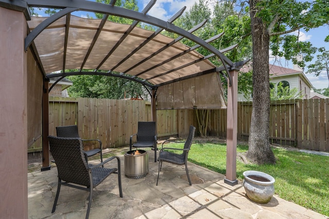 23 Murmuring Creek Pl, The Woodlands, TX 77385 - fenced backyard featuring an outdoor fire pit, a pergola, and a patio area