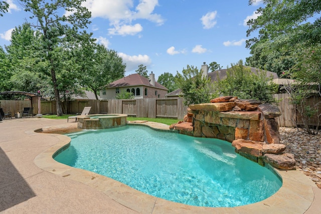 23 Murmuring Creek Pl, The Woodlands, TX 77385 - view of swimming pool with a patio, a fenced backyard, a pool with connected hot tub, and a gazebo