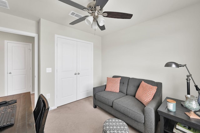 11739 Armadale Dr, Tomball, TX 77375 - carpeted living room featuring ceiling fan and an office area