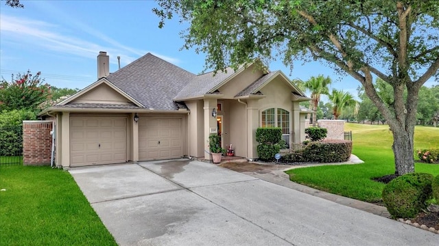 2316 Flagship Ct, League City, TX 77573 - view of front of property featuring an attached garage, driveway, a front yard, stucco siding, and a chimney