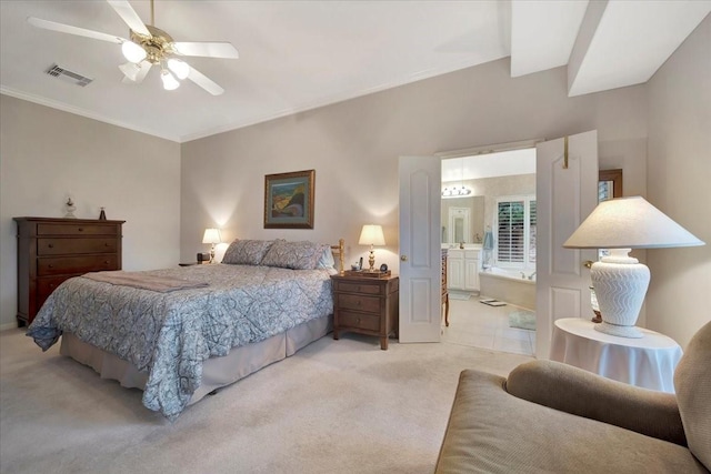 2316 Flagship Ct, League City, TX 77573 - bedroom featuring light carpet, crown molding, ensuite bathroom, and ceiling fan
