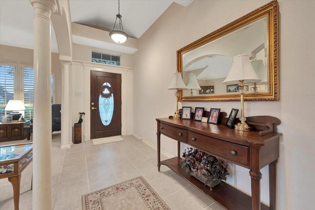 2316 Flagship Ct, League City, TX 77573 - tiled entrance foyer featuring ornate columns and vaulted ceiling
