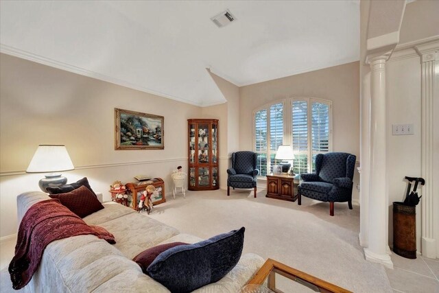 2316 Flagship Ct, League City, TX 77573 - living area featuring decorative columns, carpet, vaulted ceiling, and crown molding