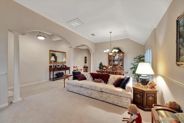 2316 Flagship Ct, League City, TX 77573 - living room featuring decorative columns, arched walkways, crown molding, light carpet, and a chandelier