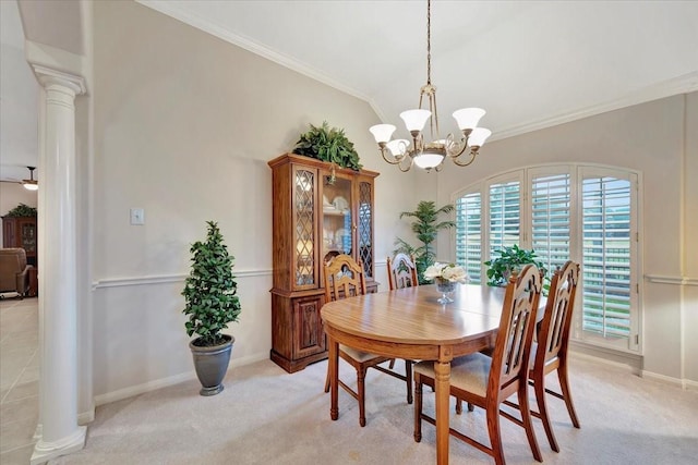 2316 Flagship Ct, League City, TX 77573 - dining space with decorative columns, crown molding, a chandelier, light carpet, and lofted ceiling