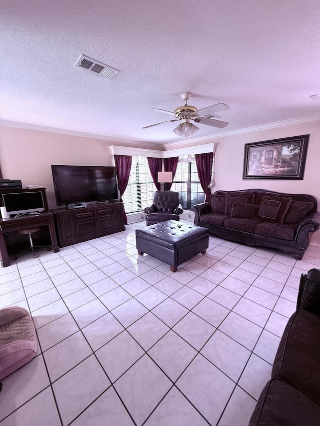 7402 Burkridge Dr, Houston, TX 77041 - living room featuring crown molding, light tile patterned flooring, ceiling fan, and a textured ceiling