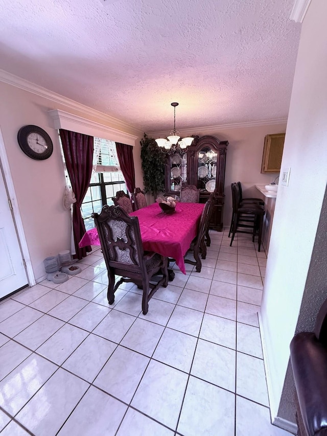7402 Burkridge Dr, Houston, TX 77041 - dining space with a chandelier, light tile patterned floors, crown molding, and a textured ceiling