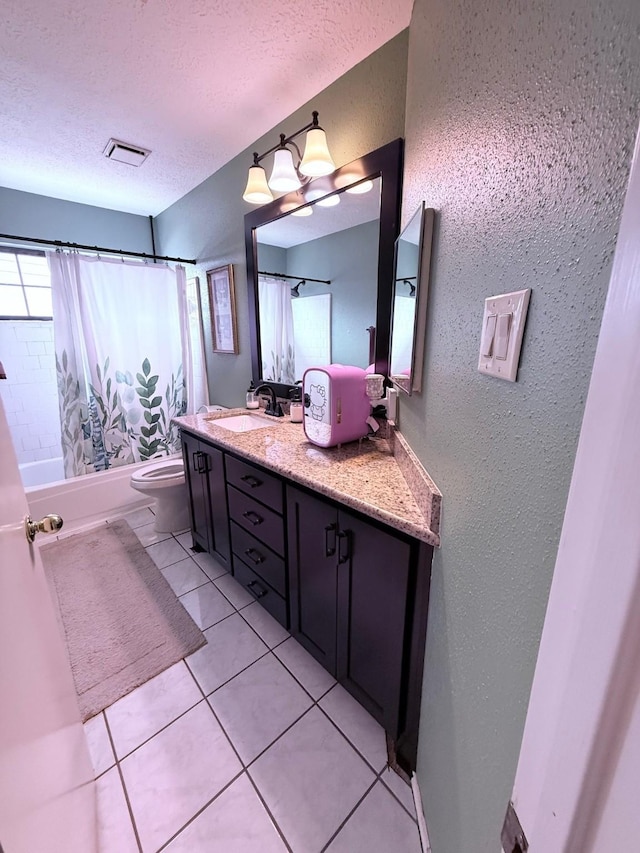 7402 Burkridge Dr, Houston, TX 77041 - full bath with vanity, shower / bath combo with shower curtain, a textured wall, tile patterned floors, and a textured ceiling