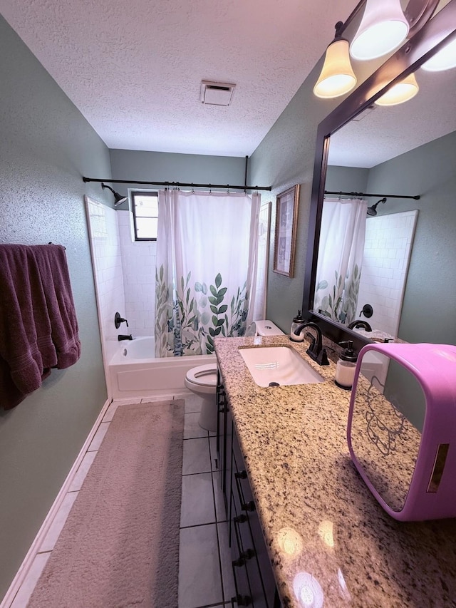 7402 Burkridge Dr, Houston, TX 77041 - full bath featuring shower / bath combination with curtain, a textured ceiling, vanity, and tile patterned flooring