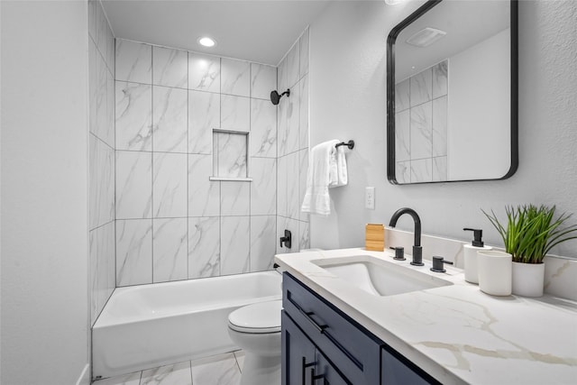 6935 Palmetto St, Houston, TX 77087 - full bathroom featuring vanity, marble finish flooring, shower / bathtub combination, and recessed lighting
