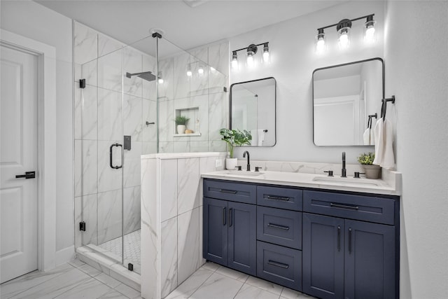 6935 Palmetto St, Houston, TX 77087 - bathroom featuring marble look tile flooring, double vanity, and a marble finish shower