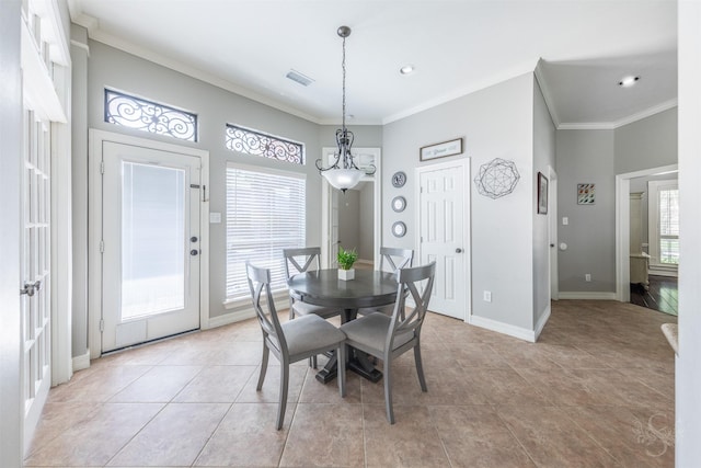 4611 Camden Brook Ln, Katy, TX 77494 - dining room with ornamental molding, a chandelier, light tile patterned floors, and recessed lighting