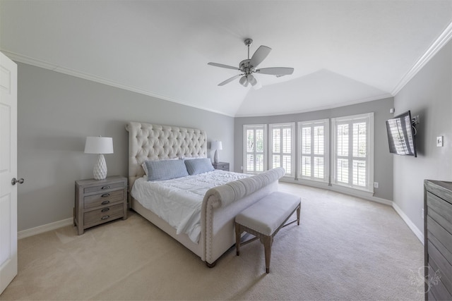 4611 Camden Brook Ln, Katy, TX 77494 - bedroom featuring vaulted ceiling, light colored carpet, ornamental molding, and a ceiling fan