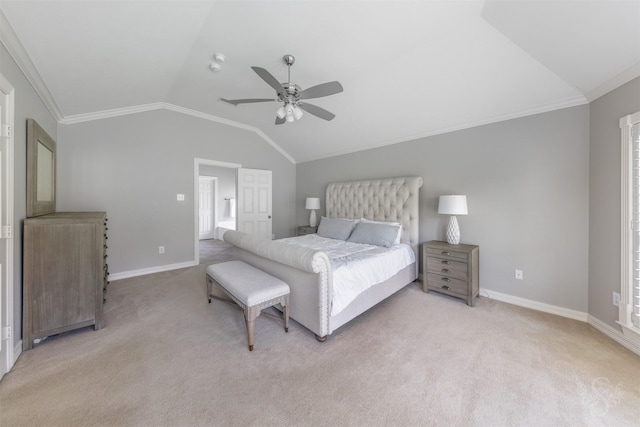 4611 Camden Brook Ln, Katy, TX 77494 - bedroom featuring lofted ceiling, light carpet, crown molding, and a ceiling fan
