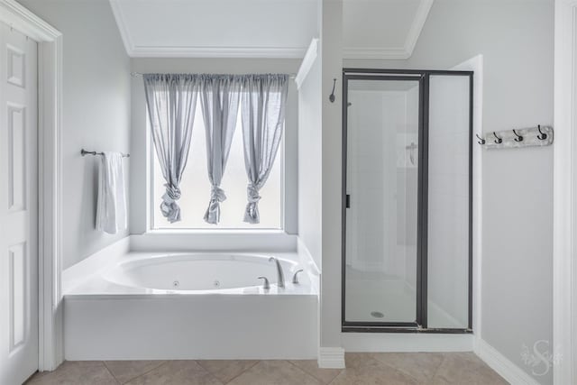 4611 Camden Brook Ln, Katy, TX 77494 - bathroom with a stall shower, a whirlpool tub, ornamental molding, and tile patterned floors
