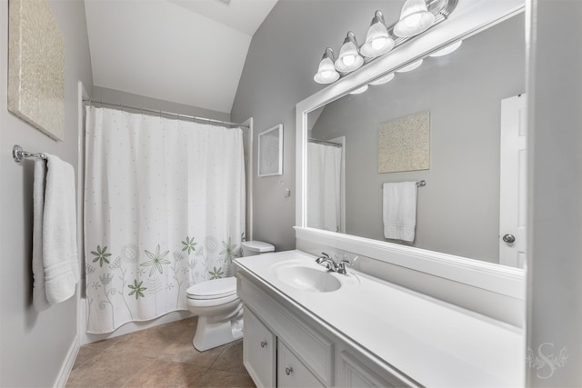 4611 Camden Brook Ln, Katy, TX 77494 - full bathroom with vanity, tile patterned flooring, vaulted ceiling, and curtained shower