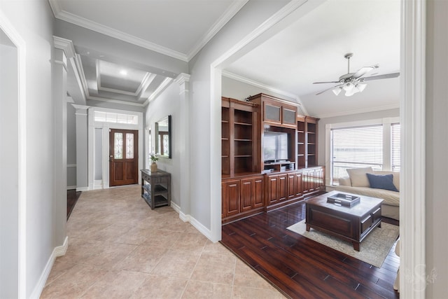 4611 Camden Brook Ln, Katy, TX 77494 - entryway with healthy amount of natural light, a ceiling fan, crown molding, and light wood finished floors