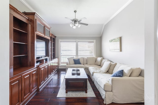 4611 Camden Brook Ln, Katy, TX 77494 - living room featuring ceiling fan, dark wood-style flooring, and ornamental molding