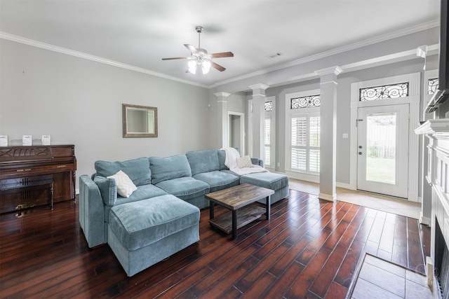 4611 Camden Brook Ln, Katy, TX 77494 - living area with ceiling fan, decorative columns, wood finished floors, and crown molding