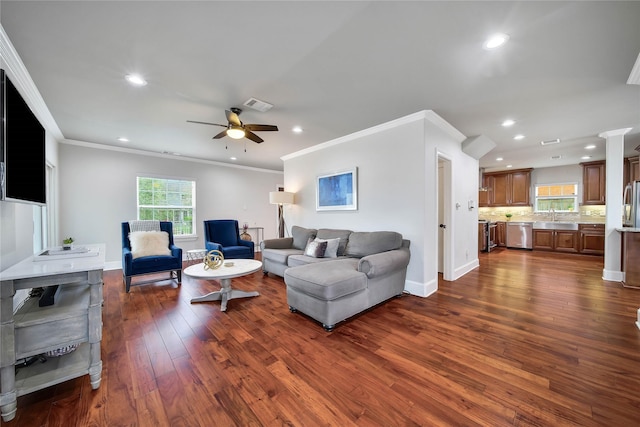 3327 Palm St, Houston, TX 77004 - living area featuring dark wood-type flooring, crown molding, a ceiling fan, and recessed lighting