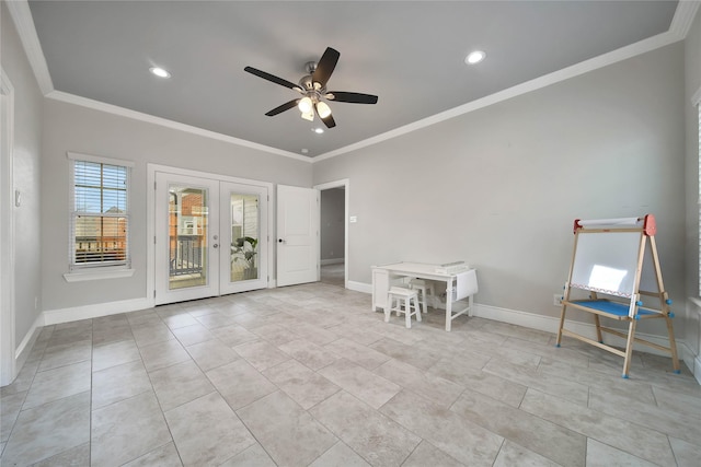 3327 Palm St, Houston, TX 77004 - spare room with ornamental molding, french doors, a ceiling fan, recessed lighting, and light tile patterned floors