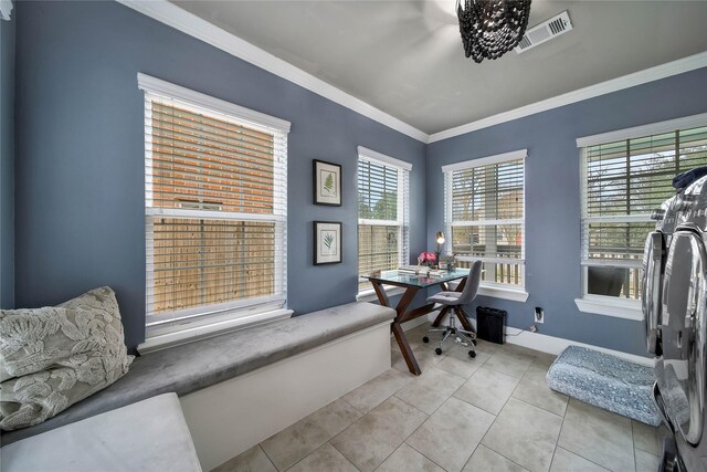 3327 Palm St, Houston, TX 77004 - office area with crown molding and light tile patterned floors