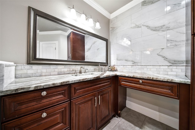 3327 Palm St, Houston, TX 77004 - bathroom featuring tasteful backsplash, vanity, ornamental molding, and tile patterned flooring