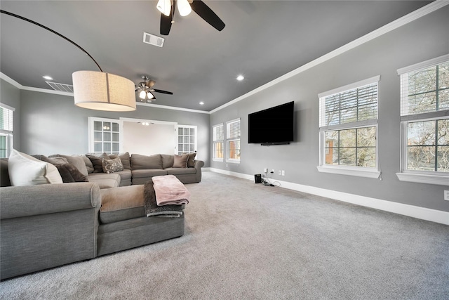 3327 Palm St, Houston, TX 77004 - carpeted living area with a ceiling fan, plenty of natural light, crown molding, and recessed lighting