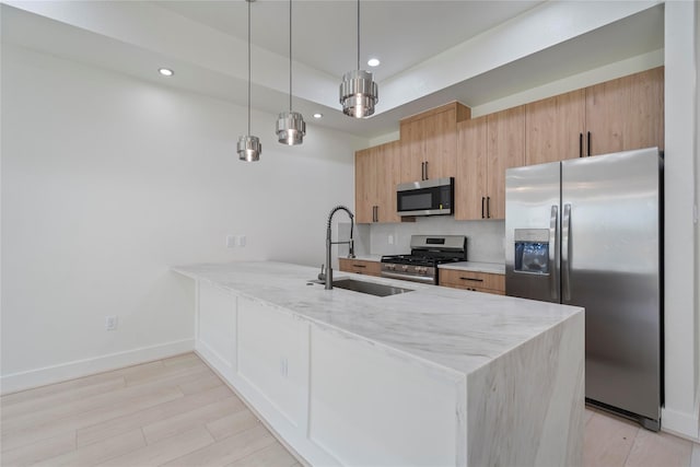 4505 Phlox St, Houston, TX 77051 - kitchen featuring appliances with stainless steel finishes, a peninsula, recessed lighting, light wood-style flooring, and light stone counters