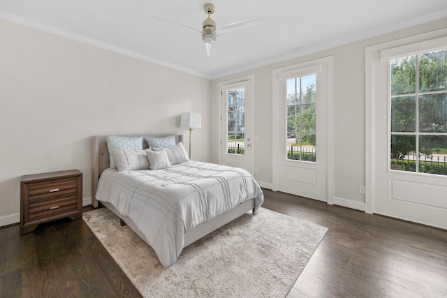 1801 Ashland St, Houston, TX 77008 - bedroom featuring wood finished floors, ornamental molding, access to outside, and ceiling fan