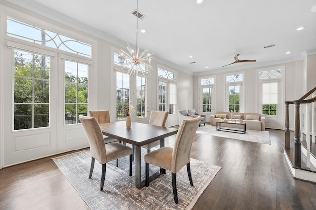 1801 Ashland St, Houston, TX 77008 - dining area with crown molding, recessed lighting, stairs, wood finished floors, and a chandelier
