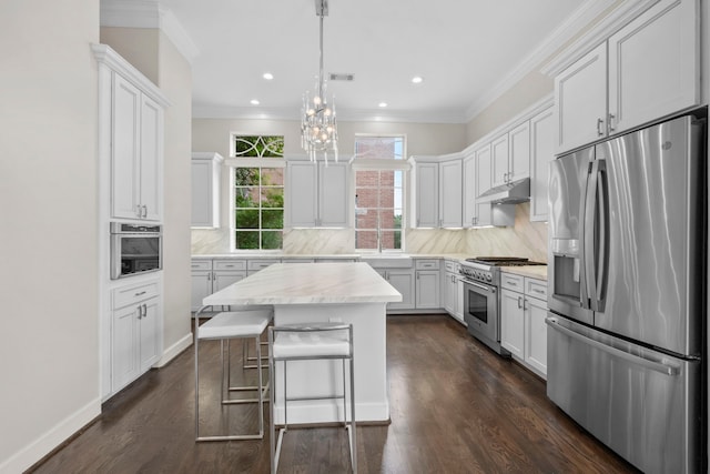 1801 Ashland St, Houston, TX 77008 - kitchen with appliances with stainless steel finishes, under cabinet range hood, a kitchen island, tasteful backsplash, and ornamental molding