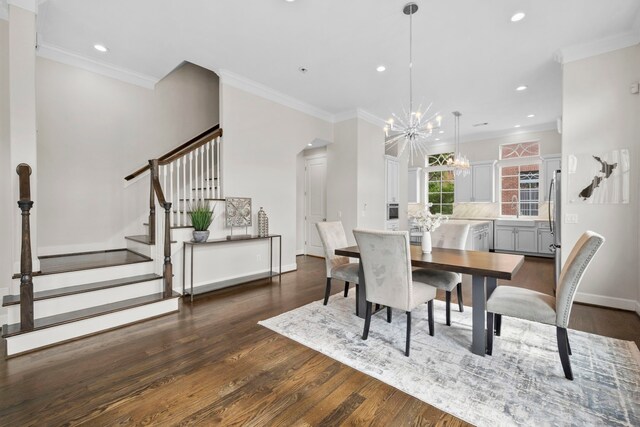 1801 Ashland St, Houston, TX 77008 - dining space featuring stairs, dark wood-style floors, ornamental molding, a chandelier, and recessed lighting