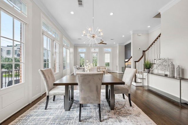 1801 Ashland St, Houston, TX 77008 - dining space featuring ornamental molding, dark wood finished floors, recessed lighting, a chandelier, and stairs