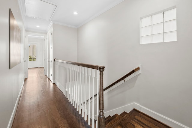 1801 Ashland St, Houston, TX 77008 - stairs with attic access, crown molding, wood finished floors, and recessed lighting