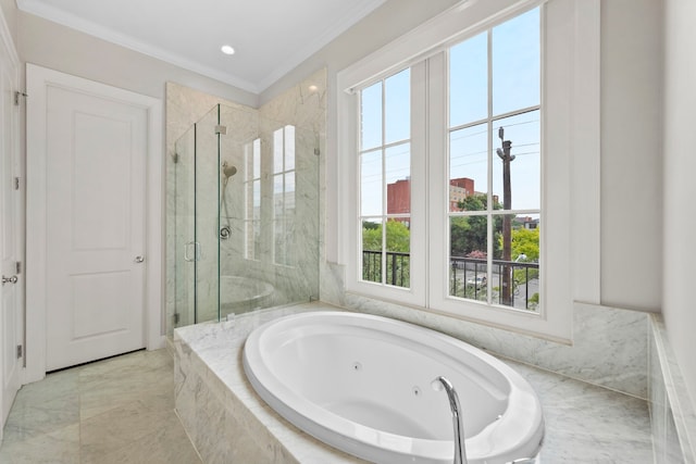 1801 Ashland St, Houston, TX 77008 - full bathroom featuring plenty of natural light, a marble finish shower, a whirlpool tub, ornamental molding, and recessed lighting