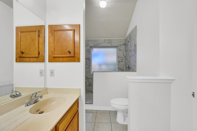 4418 Talina Way, Houston, TX 77041 - full bathroom featuring vanity, a walk in shower, tile patterned floors, and vaulted ceiling
