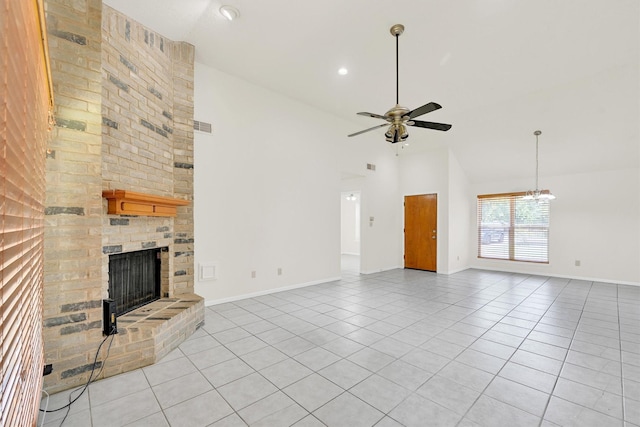4418 Talina Way, Houston, TX 77041 - unfurnished living room with light tile patterned floors, high vaulted ceiling, ceiling fan, a fireplace, and recessed lighting