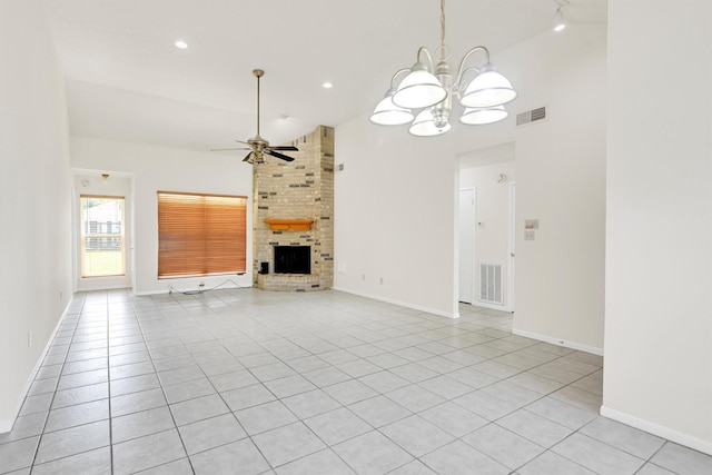 4418 Talina Way, Houston, TX 77041 - unfurnished living room with a chandelier, high vaulted ceiling, ceiling fan, light tile patterned floors, and a brick fireplace