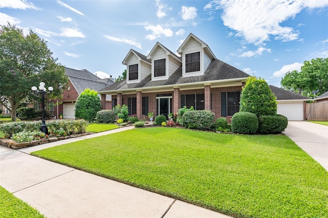 2603 Piney Woods Dr, Pearland, TX 77581 - cape cod home with brick siding, a garage, a front yard, concrete driveway, and a shingled roof