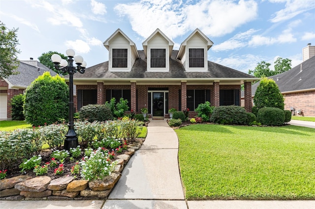 2603 Piney Woods Dr, Pearland, TX 77581 - new england style home featuring brick siding, a front yard, and roof with shingles