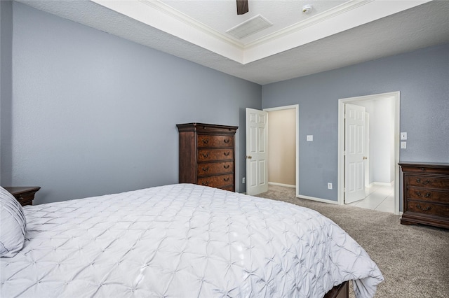 2603 Piney Woods Dr, Pearland, TX 77581 - bedroom featuring carpet floors, ceiling fan, ornamental molding, and a raised ceiling