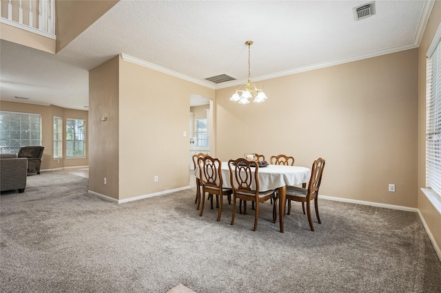 2603 Piney Woods Dr, Pearland, TX 77581 - dining space with a chandelier, carpet, crown molding, and a textured ceiling