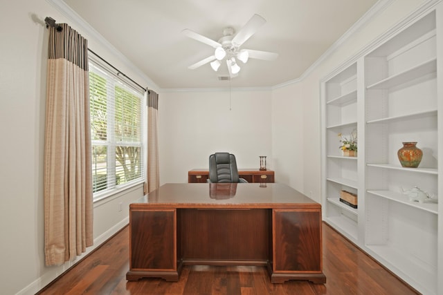 4802 N Pine Brook Way, Houston, TX 77059 - office with ceiling fan, dark wood-style floors, and crown molding