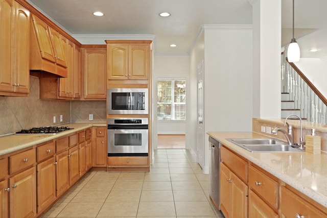 4802 N Pine Brook Way, Houston, TX 77059 - kitchen with stainless steel appliances, decorative backsplash, ornamental molding, recessed lighting, and light tile patterned flooring