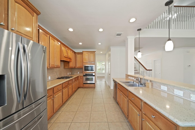 4802 N Pine Brook Way, Houston, TX 77059 - kitchen featuring appliances with stainless steel finishes, light tile patterned floors, recessed lighting, decorative backsplash, and light stone countertops