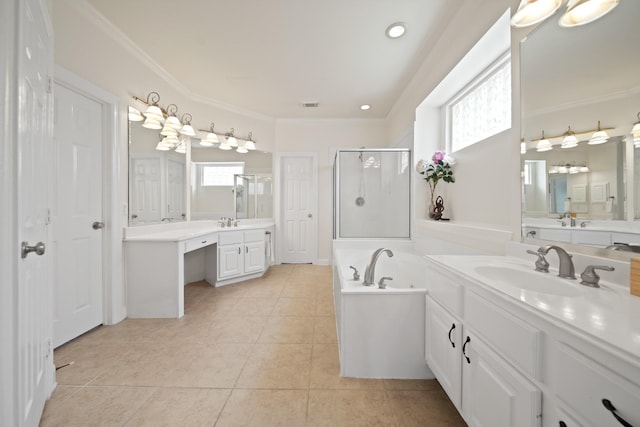 4802 N Pine Brook Way, Houston, TX 77059 - bathroom with a stall shower, tile patterned floors, a bath, two vanities, and crown molding