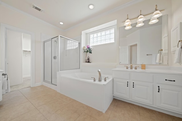 4802 N Pine Brook Way, Houston, TX 77059 - full bath featuring a stall shower, a bath, vanity, crown molding, and tile patterned floors