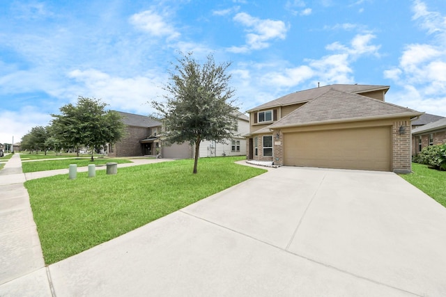 9914 Swallow Dr, Conroe, TX 77385 - view of front of property featuring an attached garage, driveway, a front lawn, and brick siding